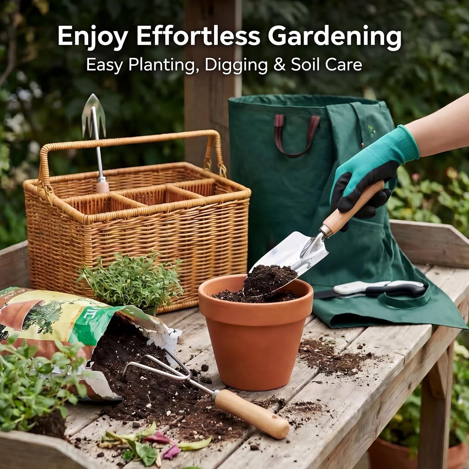 Wood Steel Garden Tool Set with Basket Apron Gloves Waste Bag