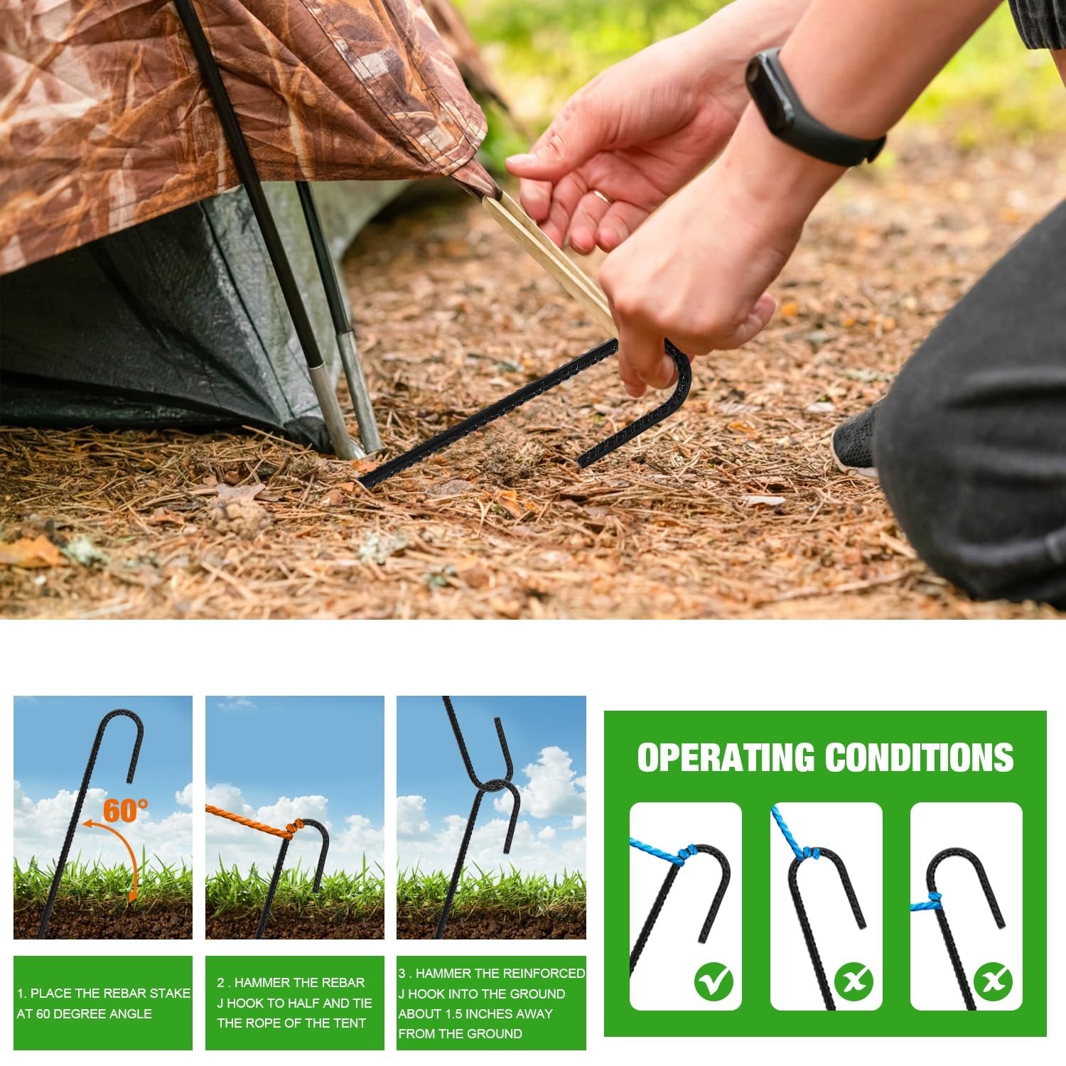 ERYTLLY 12In Rebar Stakes J Hook Heavy Duty Galvanized Metal Stakes for Groun…