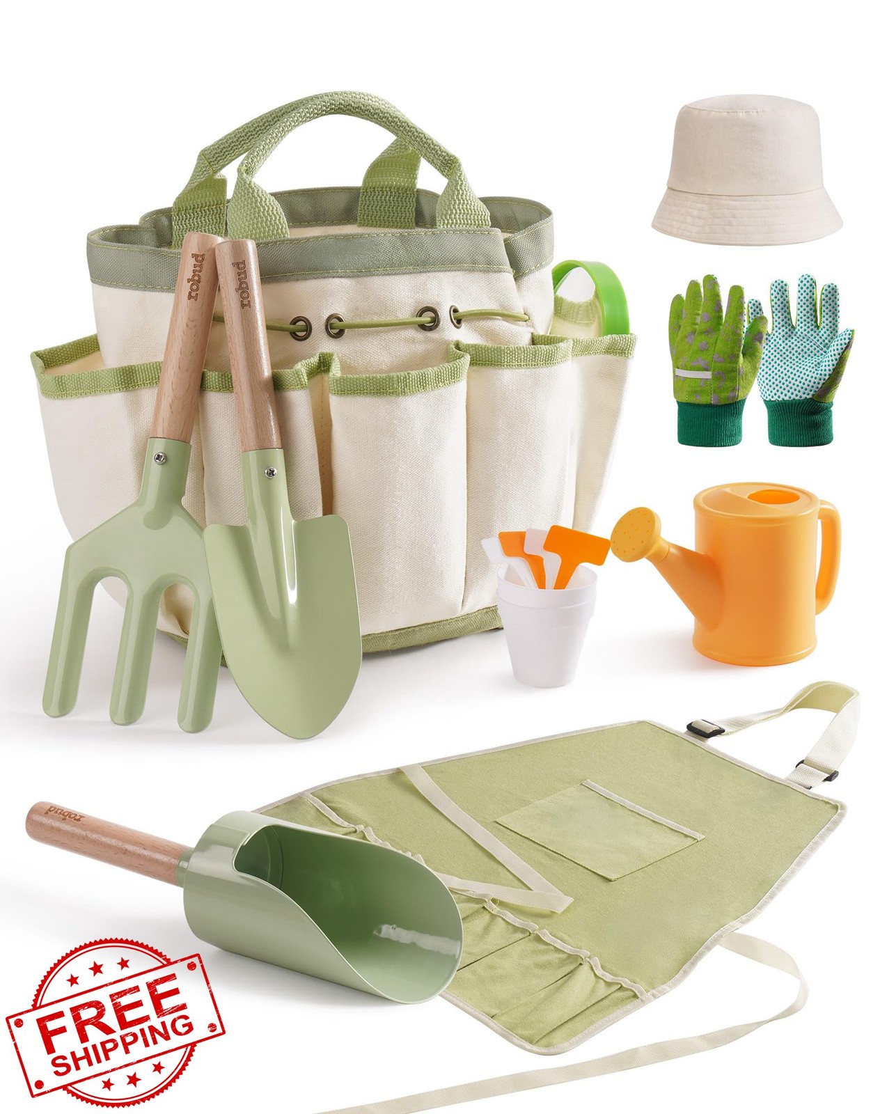 ROBUD Wooden Kids Gardening Tool Kit with Bag and Apron