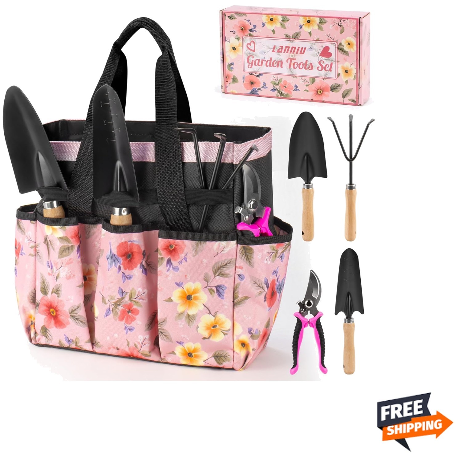 5-Piece Pink Gardening Tools Set with Floral Bag – Perfect Gift for Her