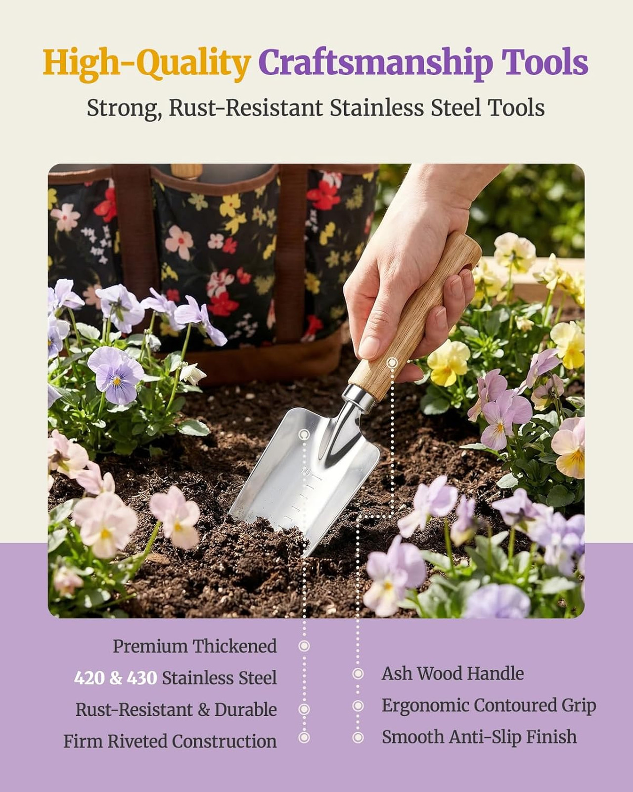 Garden Tool Set 10 Pieces Stainless Steel Rustproof Gardening Tools with Wood