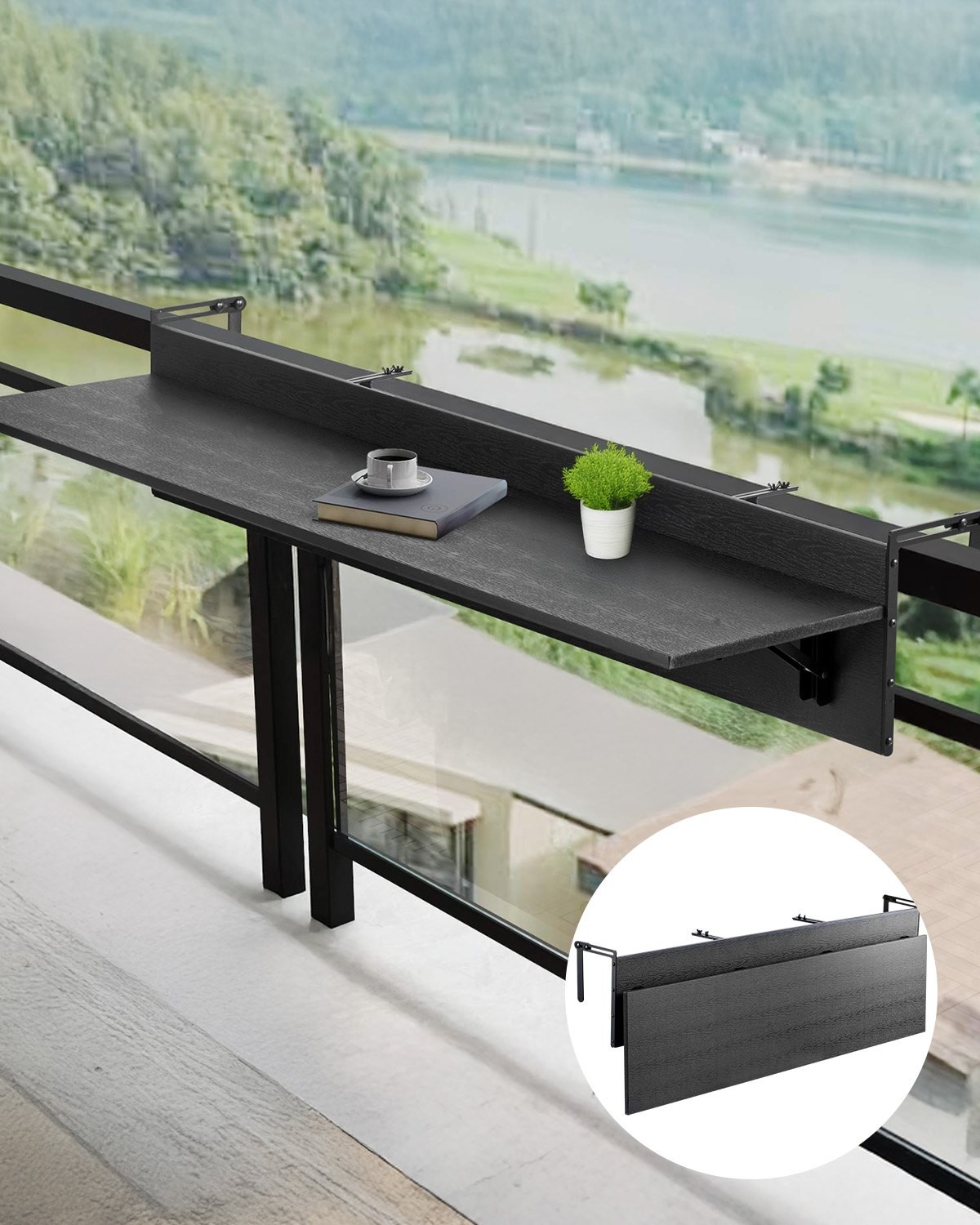Balcony Hanging Table,12 x 59 in Folding Balcony Railing Table,Outdoor Balcony B
