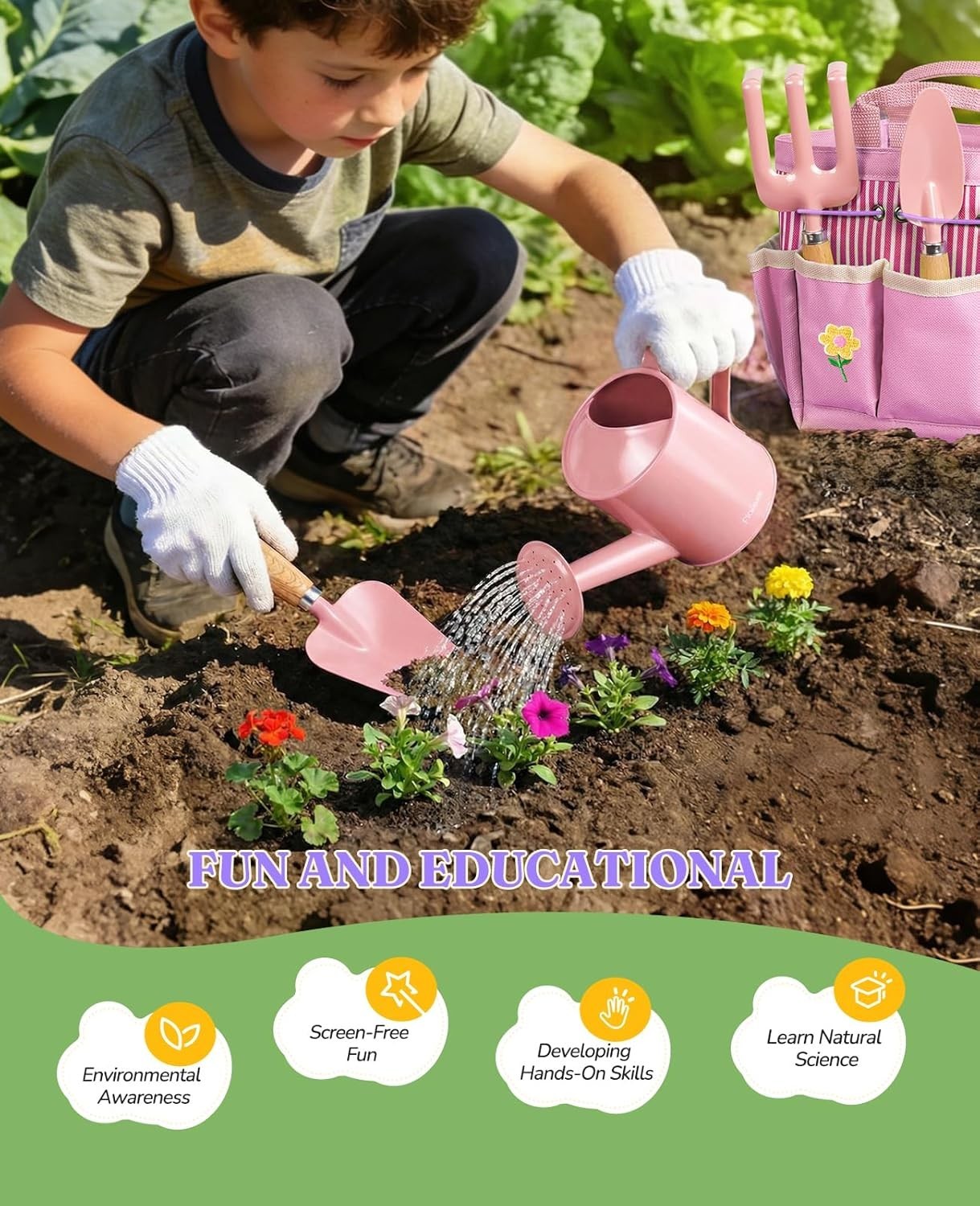 8Pcs Kids Gardening Set with Metal Basket & Real Metal Tools, STEM Outdoor Ex…