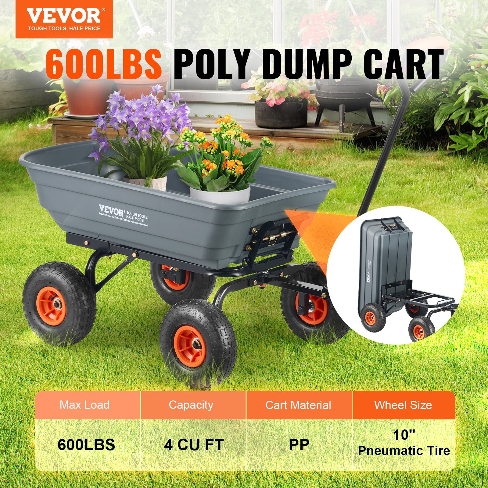 Garden Cart, Durable Poly Dump Cart with Simple Assembly Steel Framework, Versat