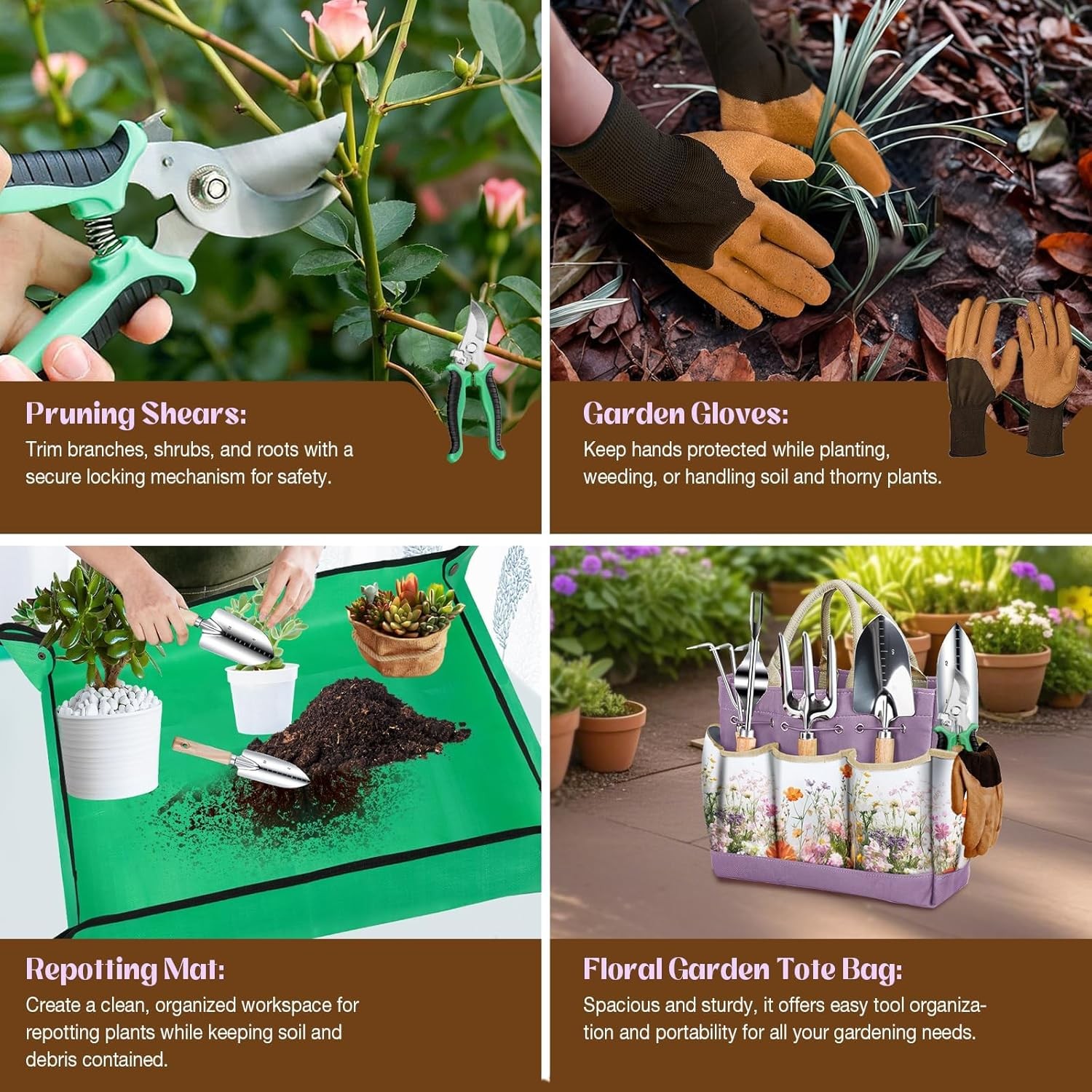9Pcs Garden Tool Set Stainless Steel Heavy Duty Gardening Gifts with Floral Bag