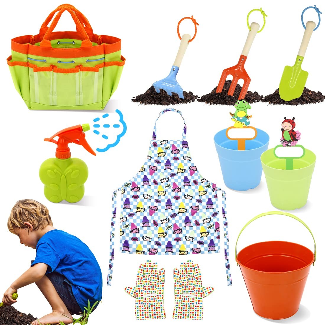 Kids Gardening Tools Set 12 PCS Toddler Gardening Outdoor Toys Gift for Age 3-8