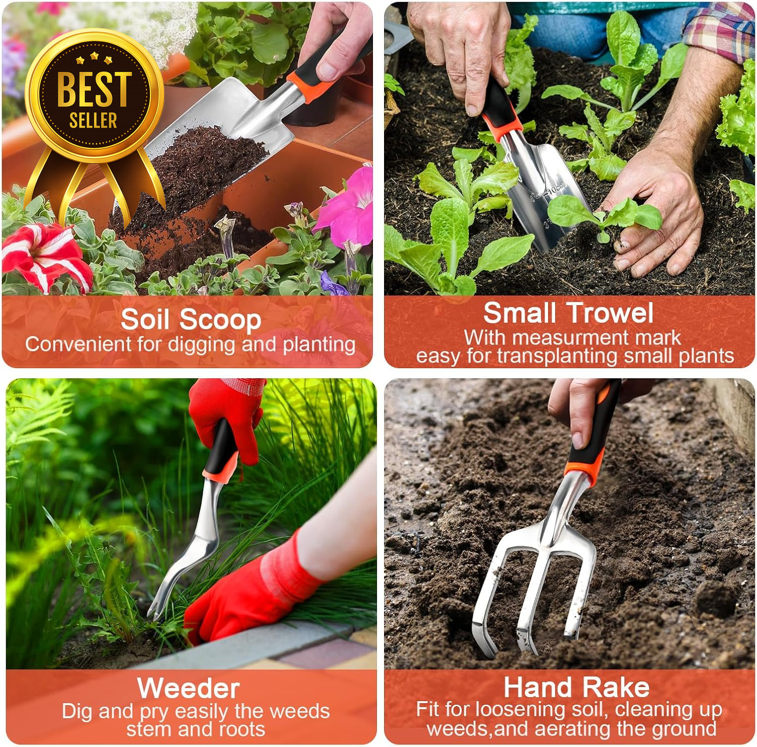 8 Piece Garden Tool Set Ergonomic Hand Tools Kit with Storage Bag Orange