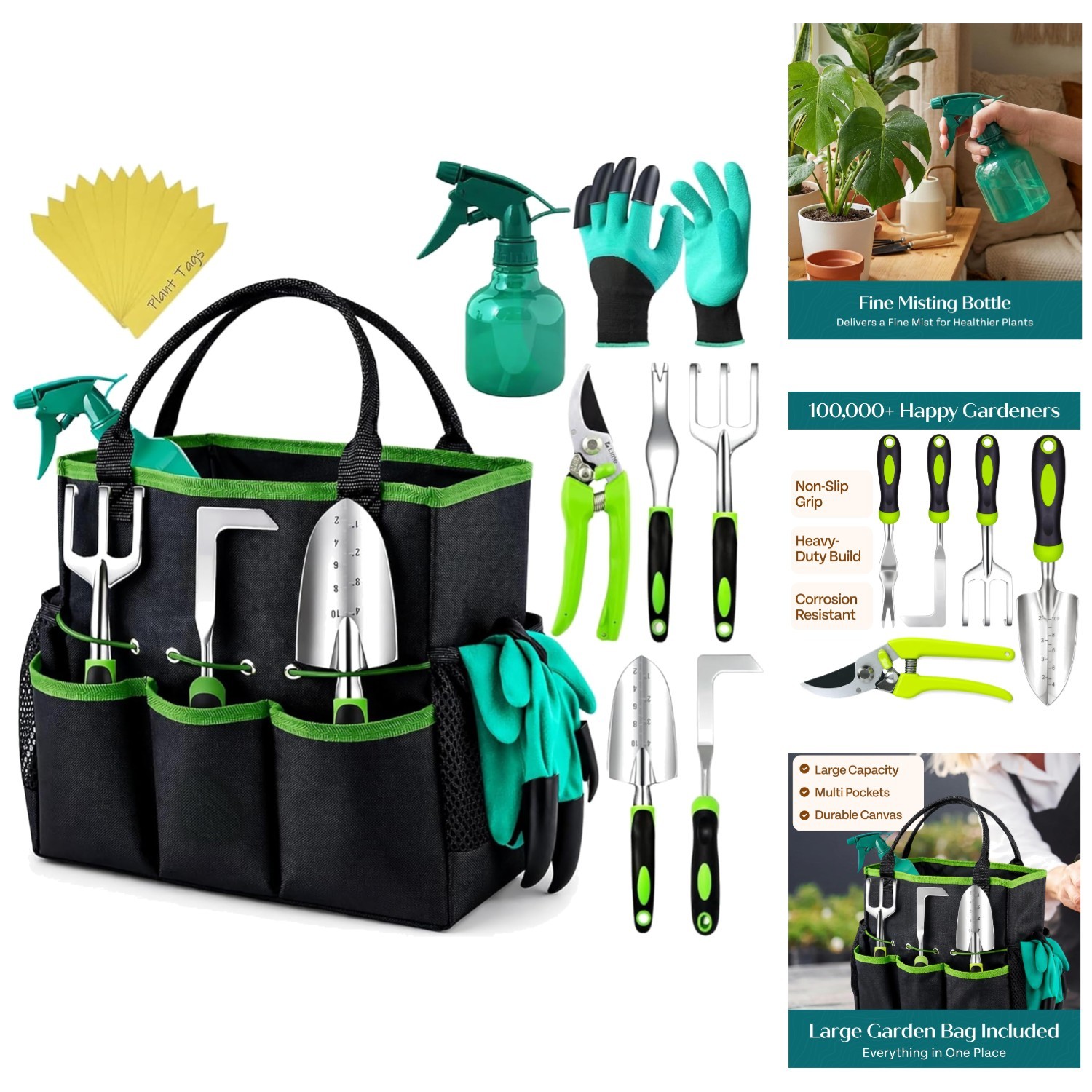 Heavy Duty Garden Tools Set 23-Piece Ergonomic Rust-Proof Gardening Gift Green