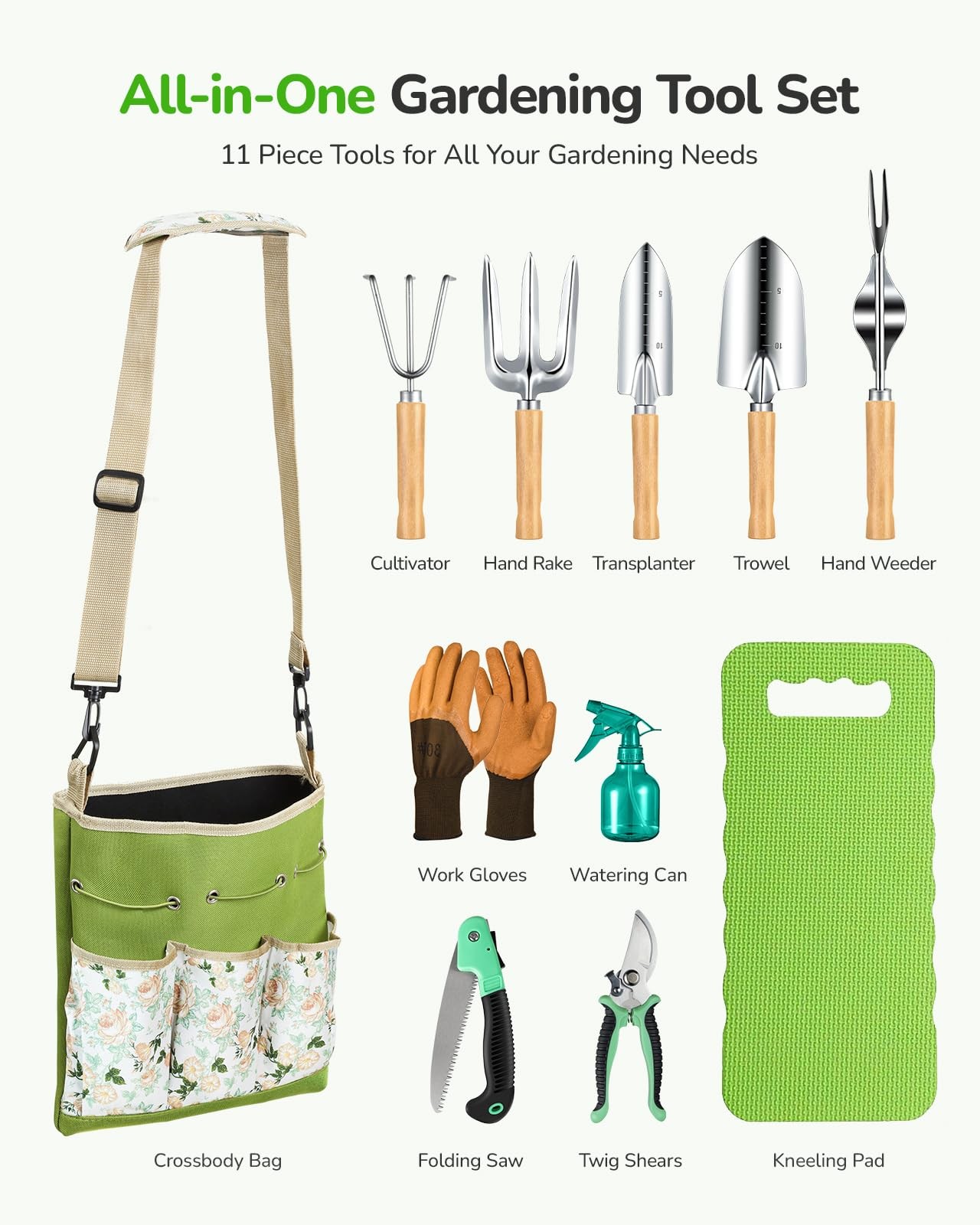 All-in-Garden Tool Set, 11-Piece Heavy Duty Gardening Tools with Ergonomic Ca…