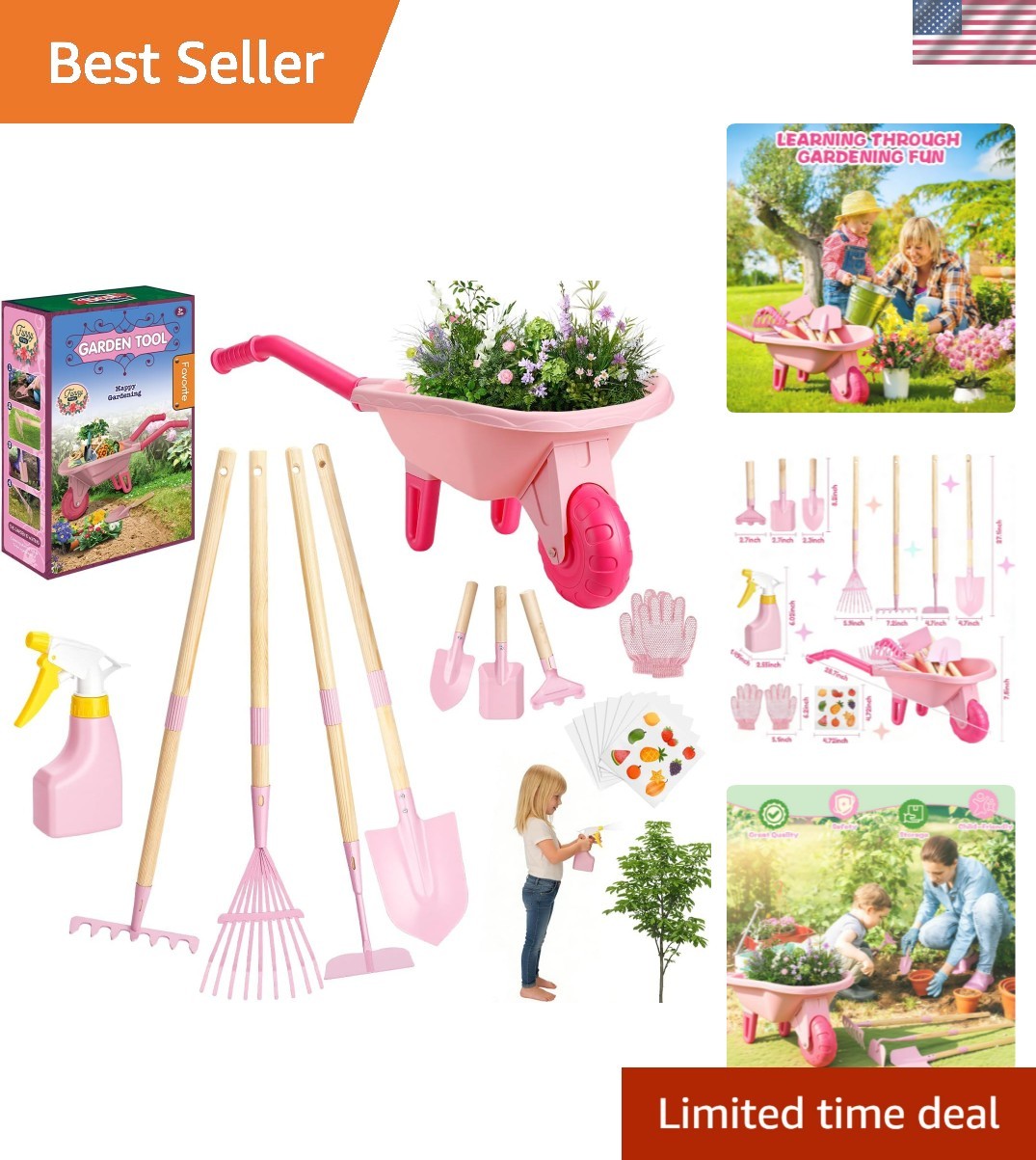 Kids Gardening Tools Set with Wheelbarrow, Wooden & Metal Outdoor Gardening T…