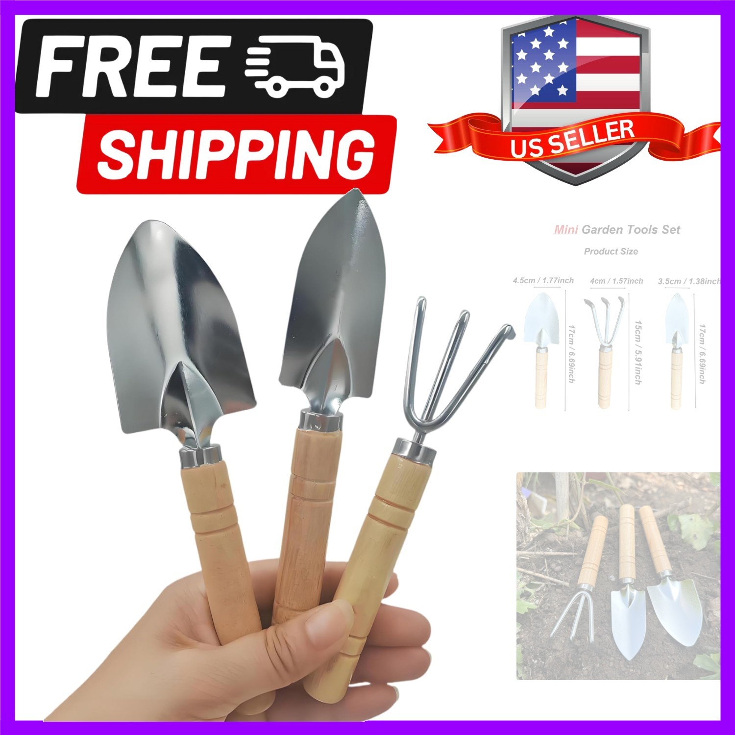 3 Pcs Mini Garden Tools Set Small Tiny Shovel Trowel and Hand Rake with Solid…