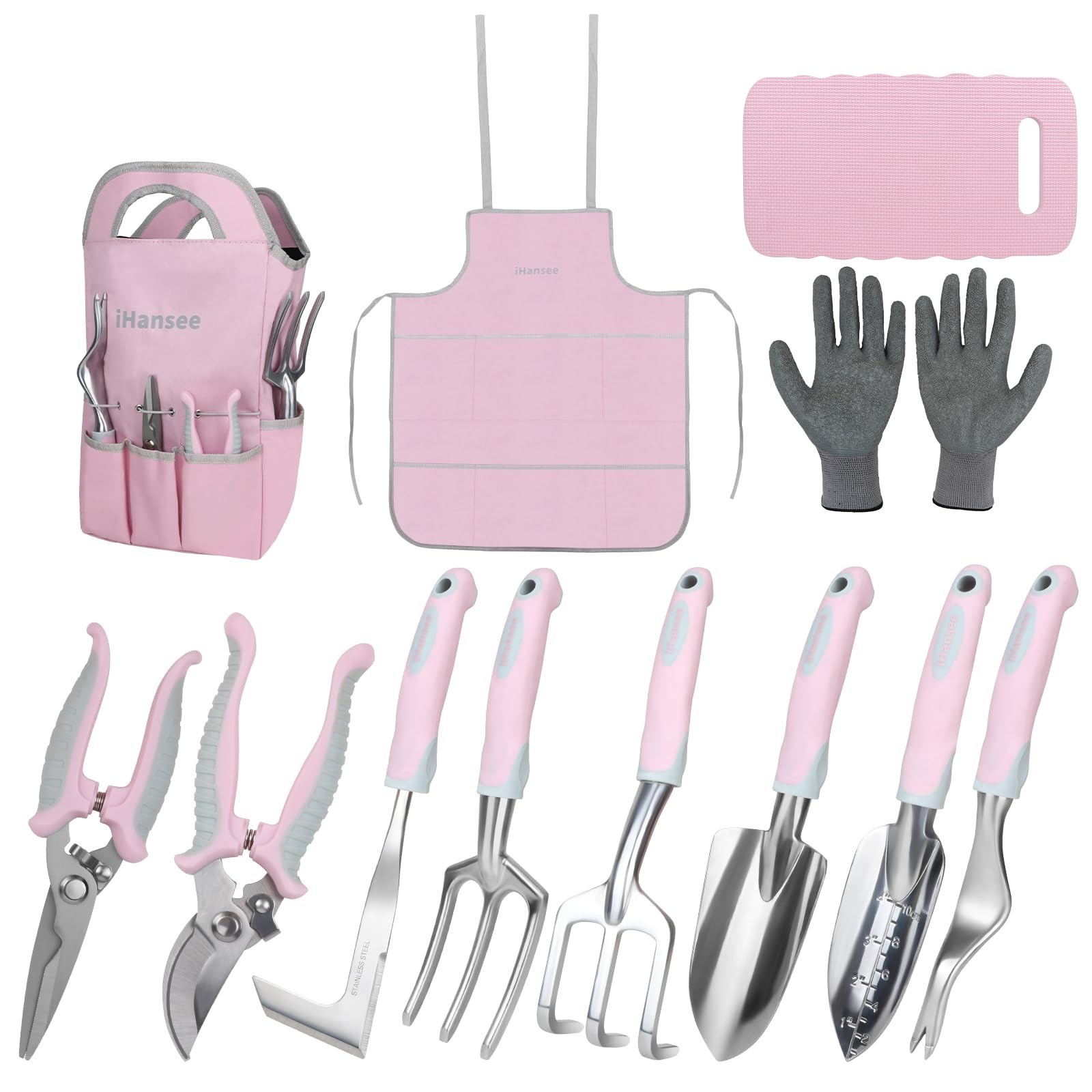 Pink Garden Tool Sets 12 Pieces, iHansee Aluminum Gardening Hand Tools with N…