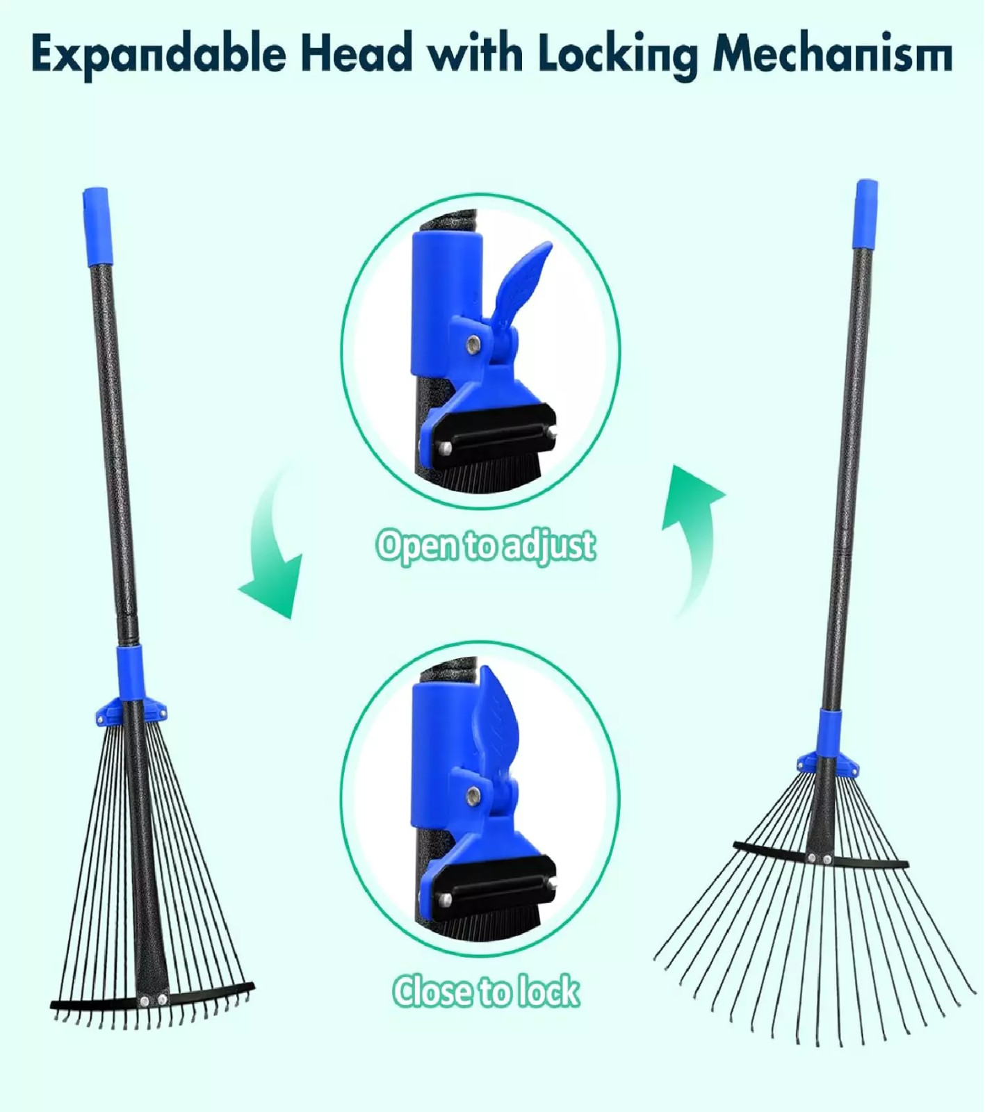 Rake for Yard Lawn Shrub tree Leaves 18 Metal Tine 9″~17″ W x 60~82″ Long handle