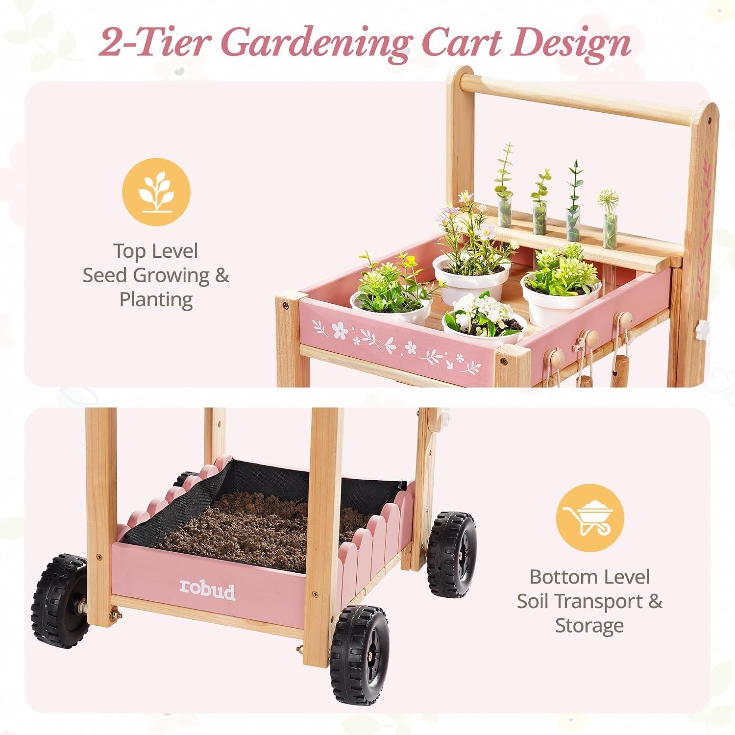 ROBUD Pink Kids Gardening Cart Set Wooden Wheelbarrow Watering Can