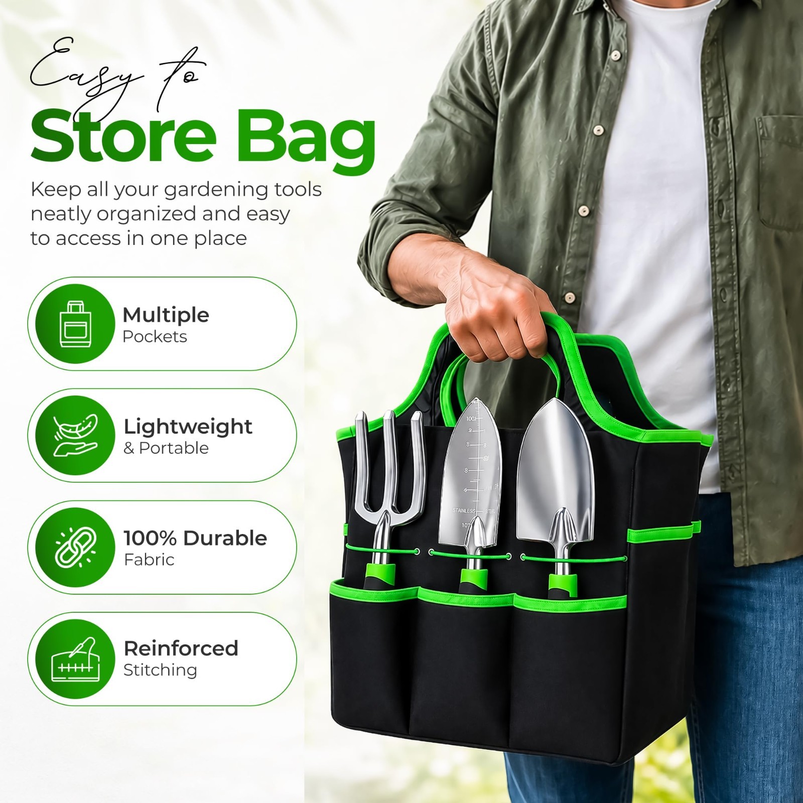 8-Piece Gardening Tools Set with Bag – Heavy Duty Stainless Steel, Ergonomic Han