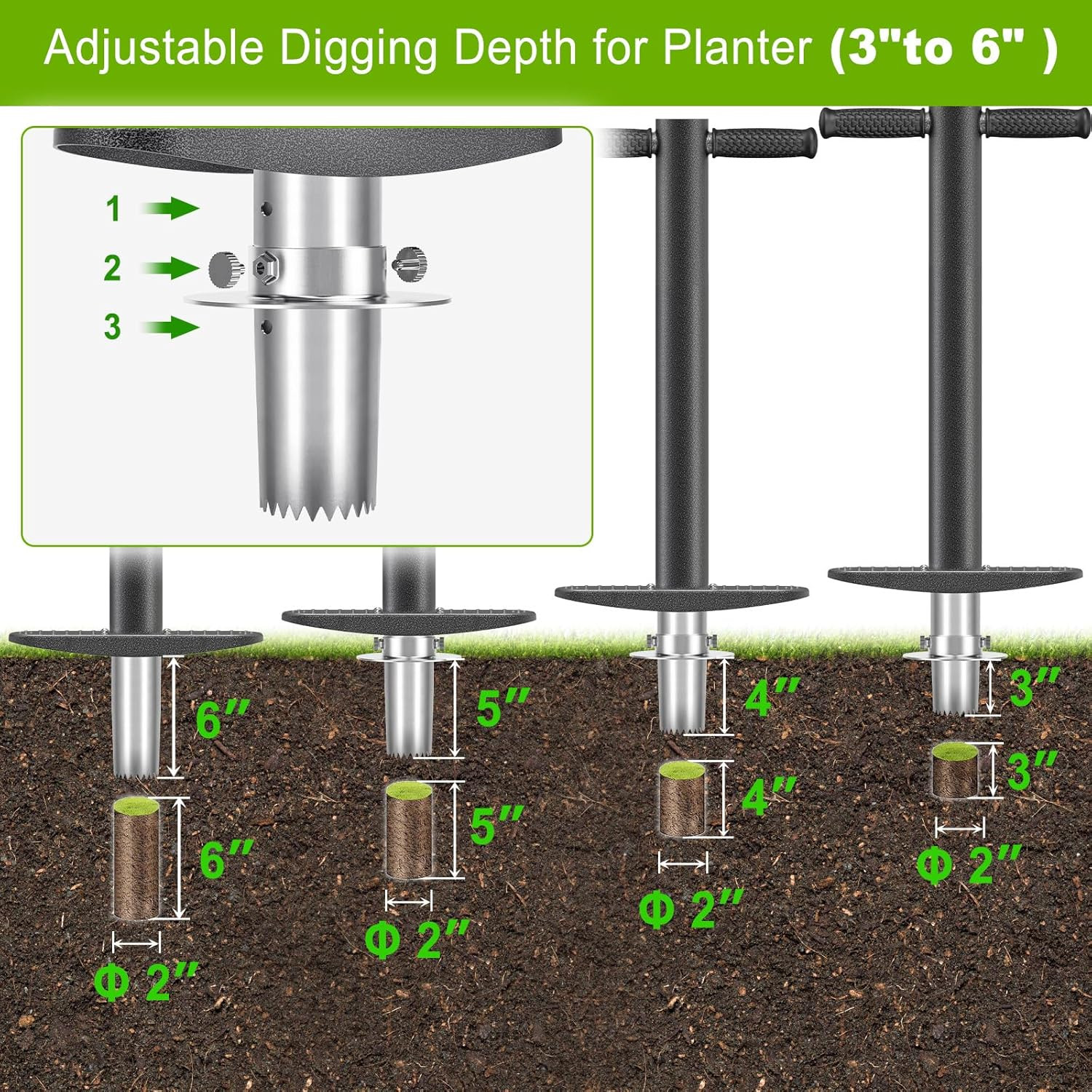 3-In-1 Sod Plugger & Bulb Planter Tool – Depth Adjust (3-6”) Stainless Steel Sh