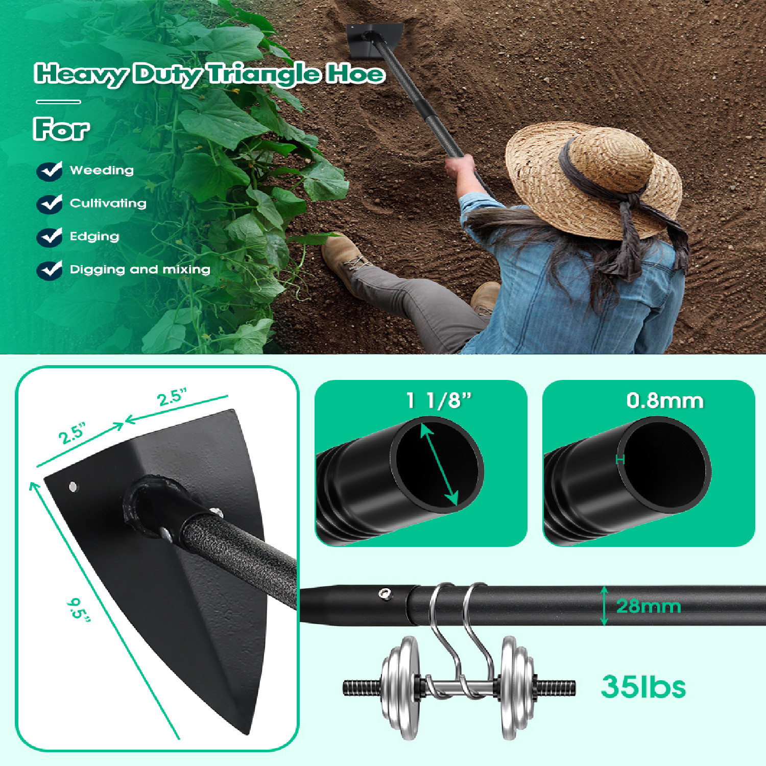 48″~72” long handle Triangle Hoe for Digging Weeding Loosening Soil Edging cut