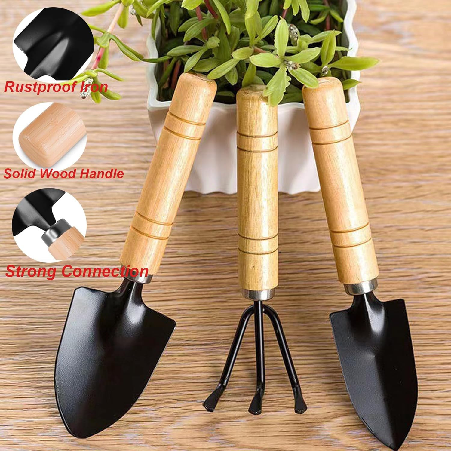 3 Pcs Mini Garden Tools Set Small Tiny Shovel Trowel and Hand Rake with Solid Wo