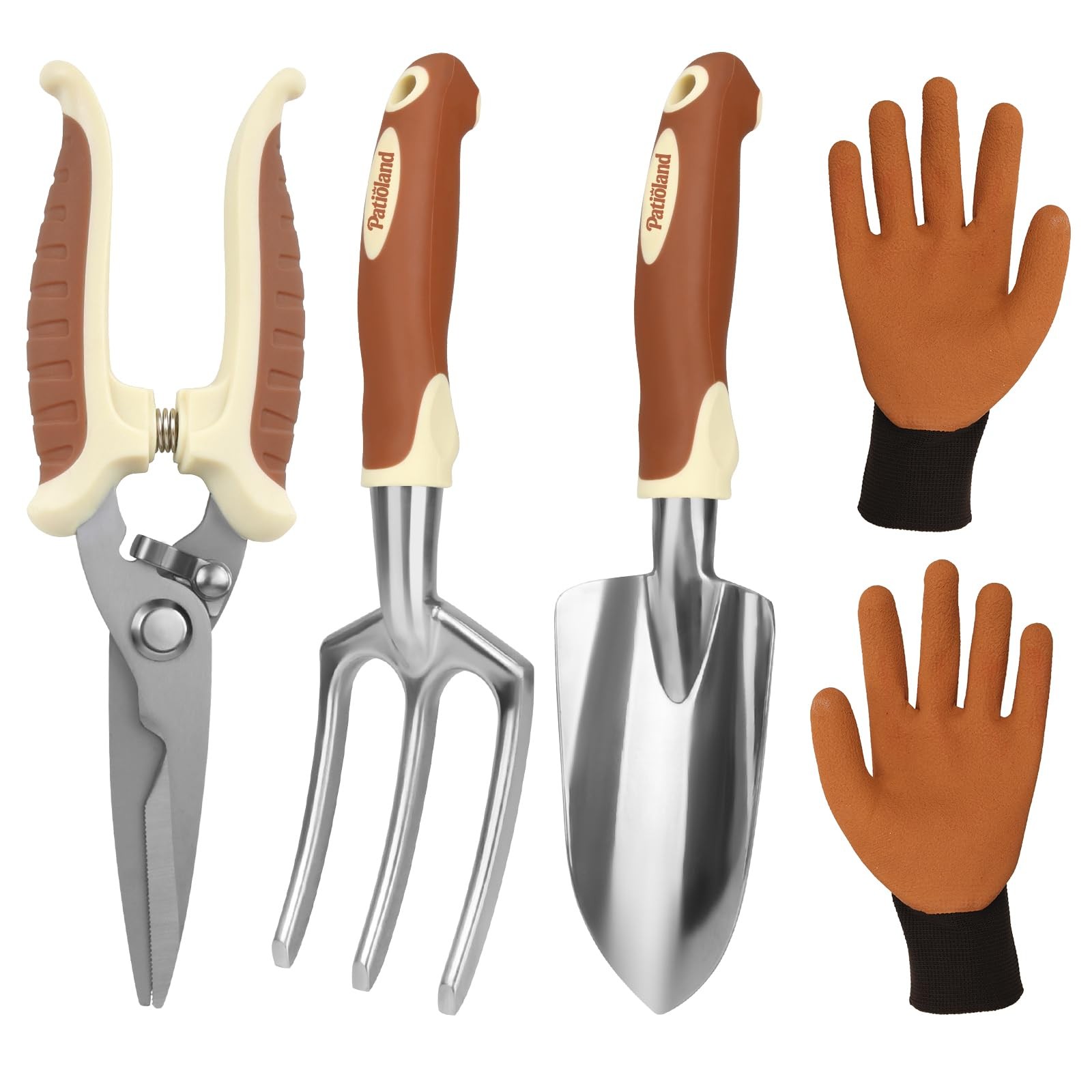 4 Piece Brown Garden Tools Set Patioland Ergonomic Gardening Hand Tools w/Trowel