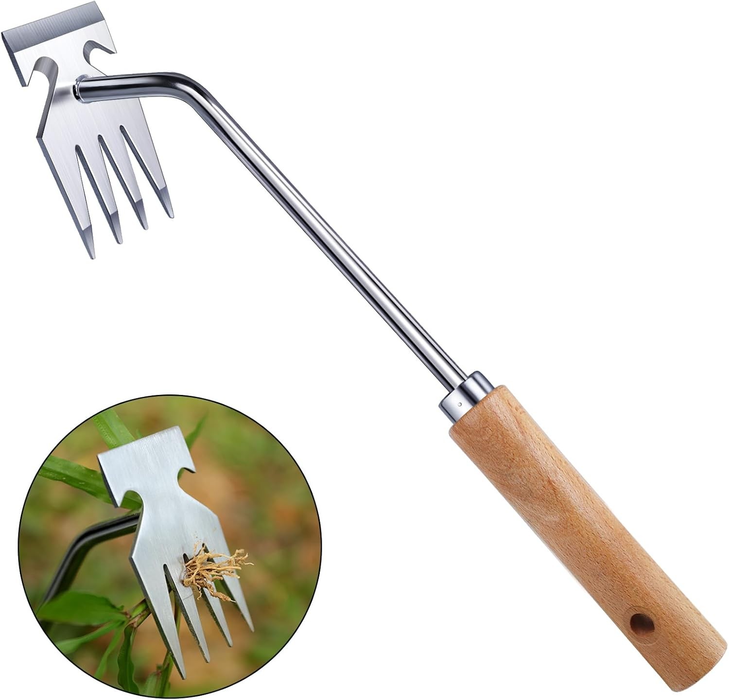 Weed Puller Tool Stainless Steel Garden Hand Weeder Ergonomic Wood Handle 13.1in