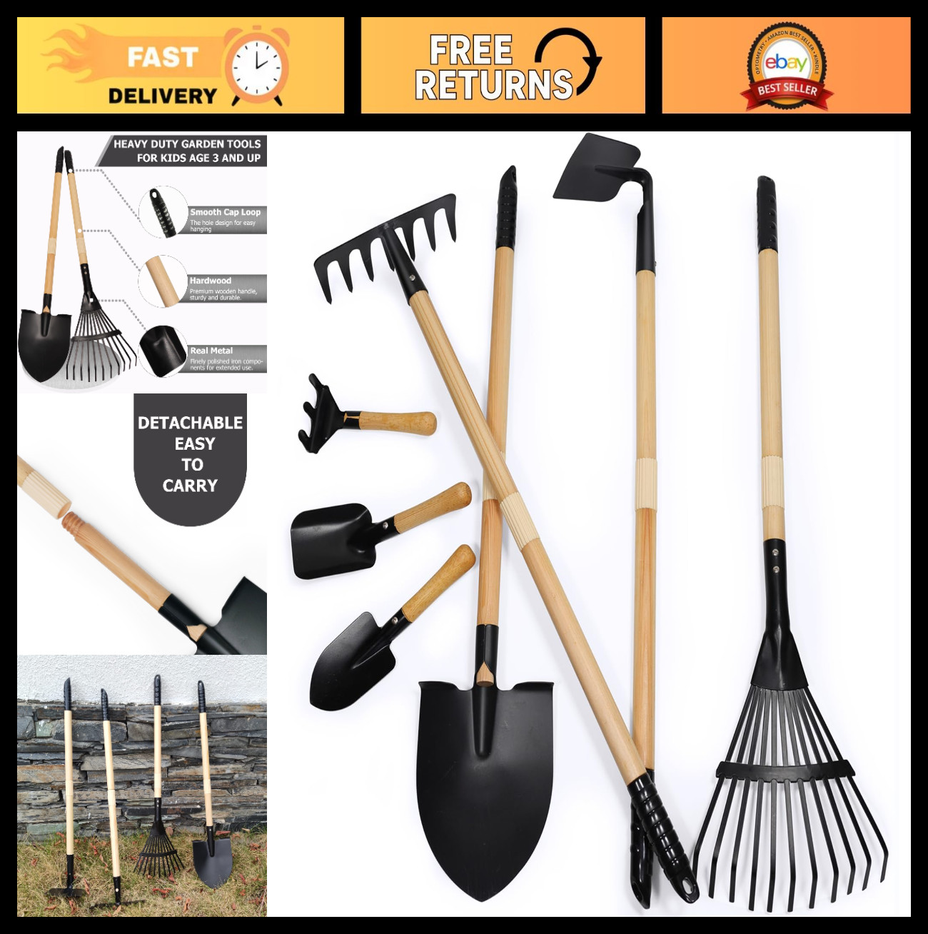 7PCS Kids Gardening Tools Set – Shovel, Rake, Spade, Hoe, Steel Heads, Wood Hand