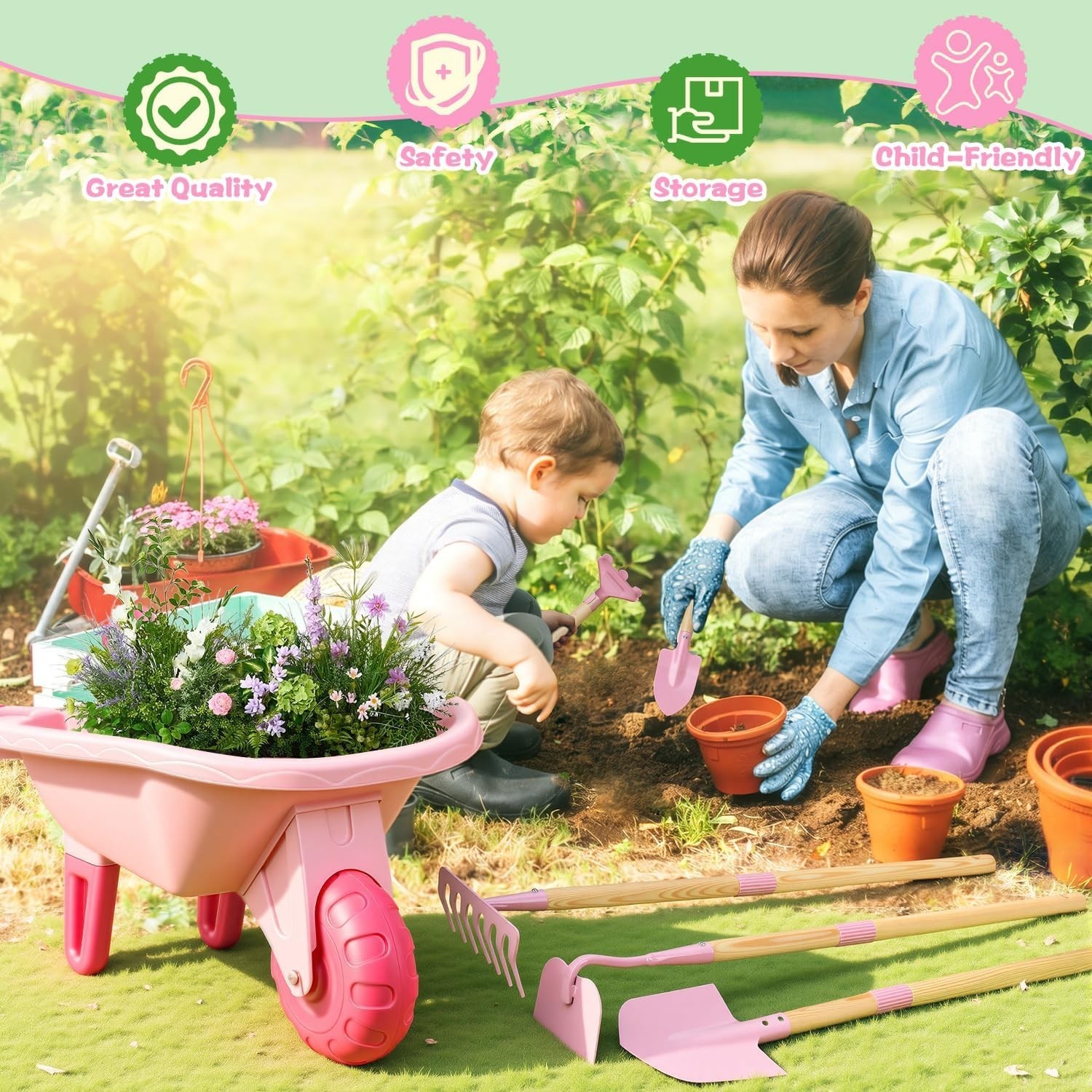 Kids Gardening Tools Set with Wheelbarrow, Wooden & Metal Outdoor Gardening T…