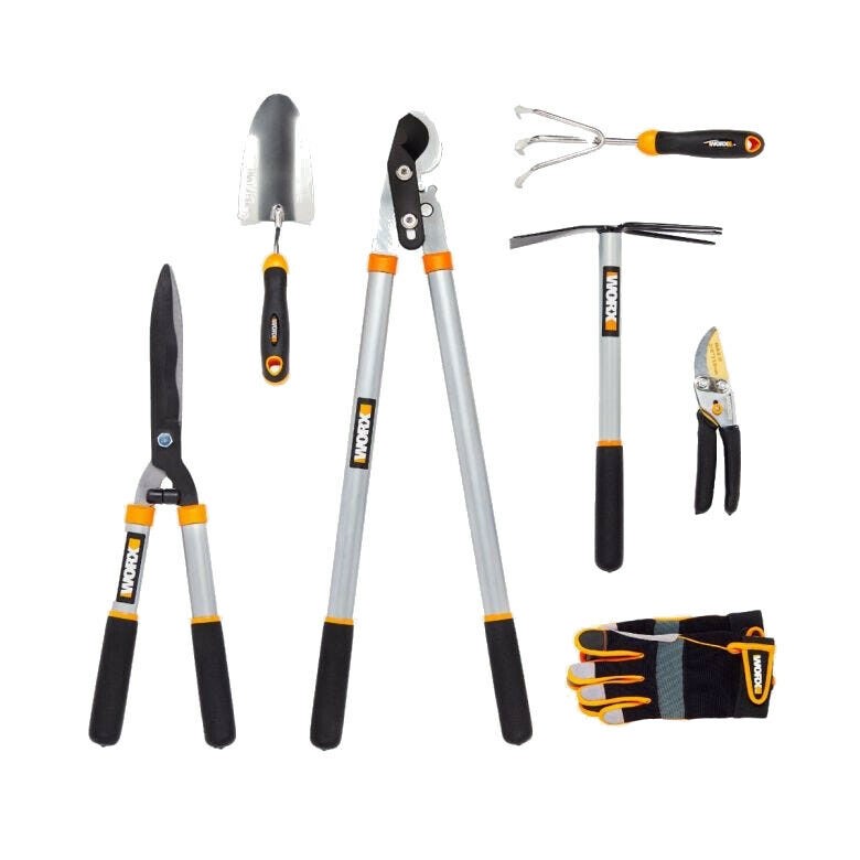 WO7109 WORX 7-Piece Garden Tool Set, 6 Gardening Hand Tools 1 pr Work Gloves