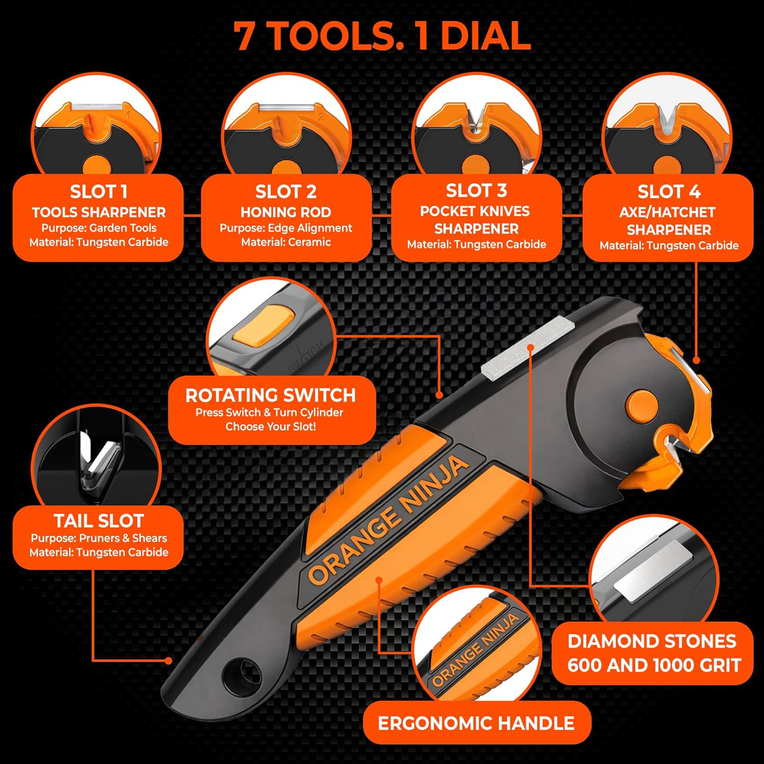 Orange Ninja 7-In-1 Garden Tool & Knife Sharpener – Sharpens Axe, Hatchet, Mache