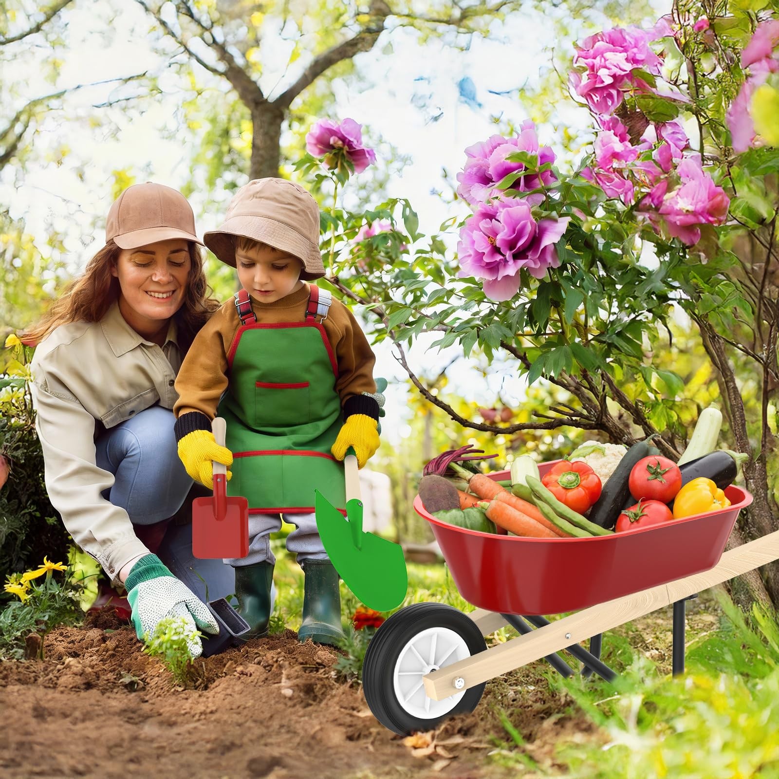 Kids Gardening Wheelbarrow Set Metal Wooden Garden Tools Ages 3-8 STEM