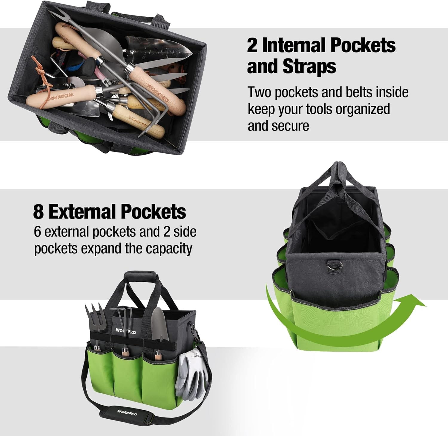 Green Garden Tool Tote Bag 10 Pockets Adjustable Shoulder Strap Organizer