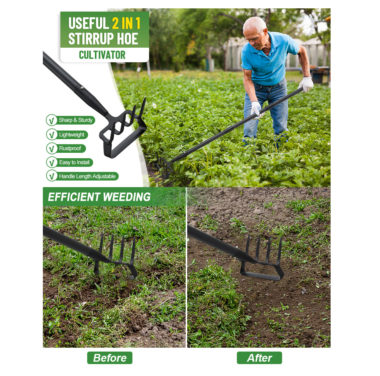 Garden Cultivator Weed Stirrup Hula Hoe Rake with 37″~62″ long Steel Handle