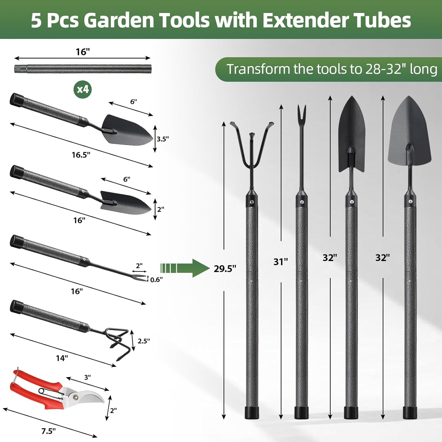 Garden Tool Set, 5Pcs Garden Tools with Extensions, Heavy Duty Rustproof Metal G