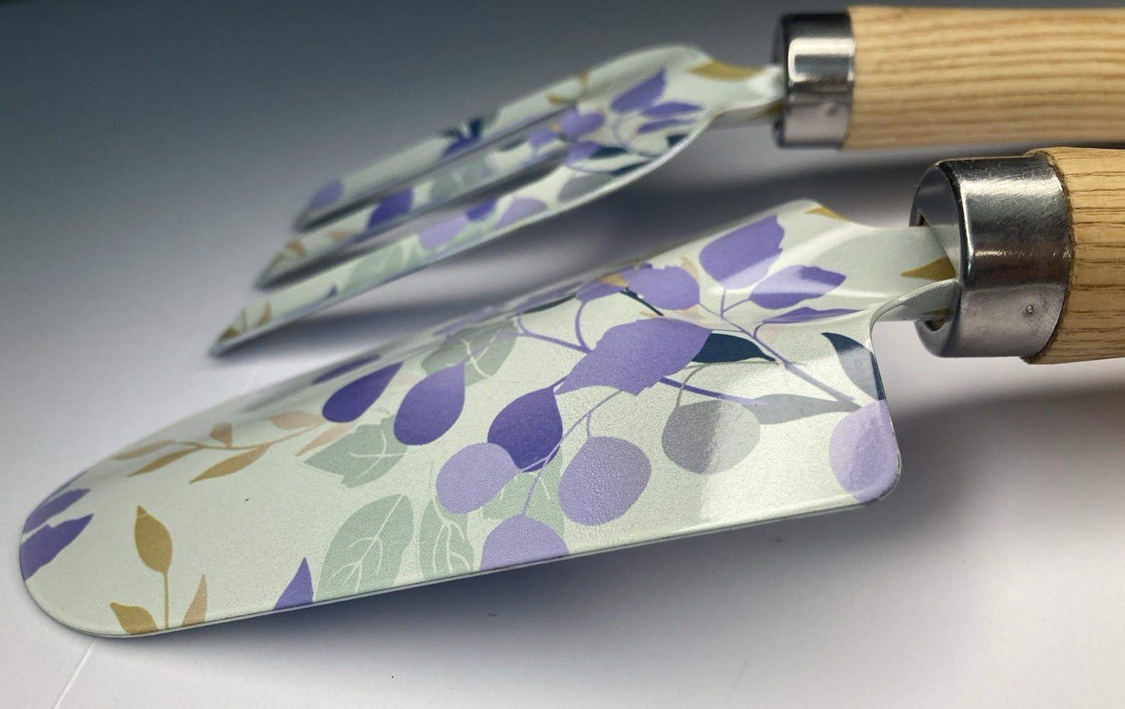 Scandi Garden Tool 2pc Set Wood Handle Painted Metal Leaves Botanical Print