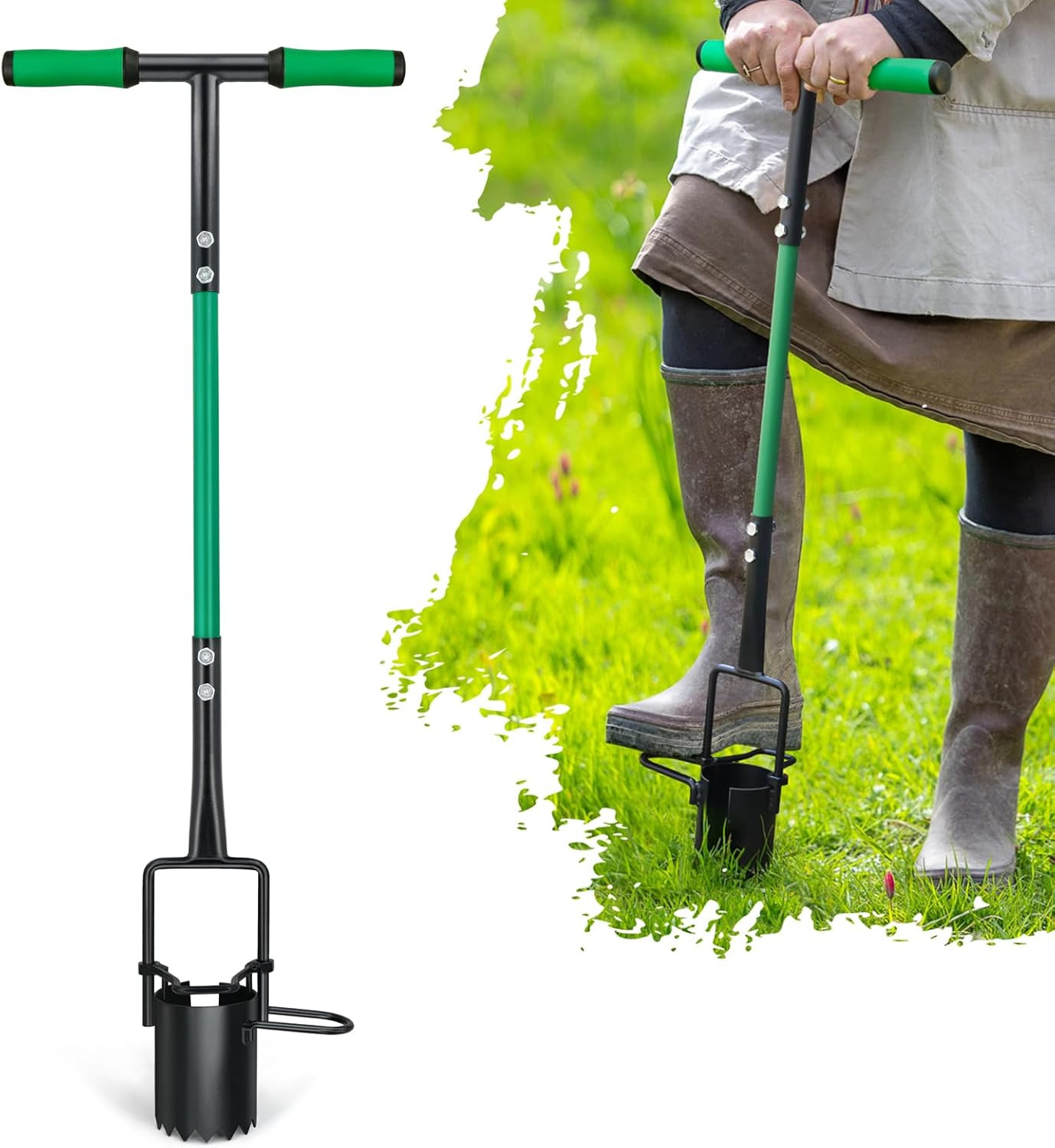 Bulb Planter Tool Long Handle, Sod Plugger with Serrated Base and Non-Slip Soft