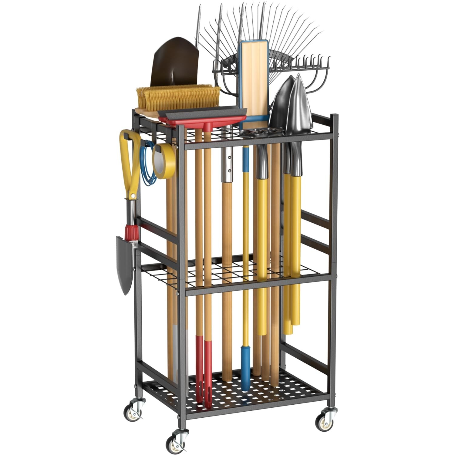 Garden Tool Organizer with Wheels, Heavy-Duty Yard Tool Rack with 3 Side Hook…
