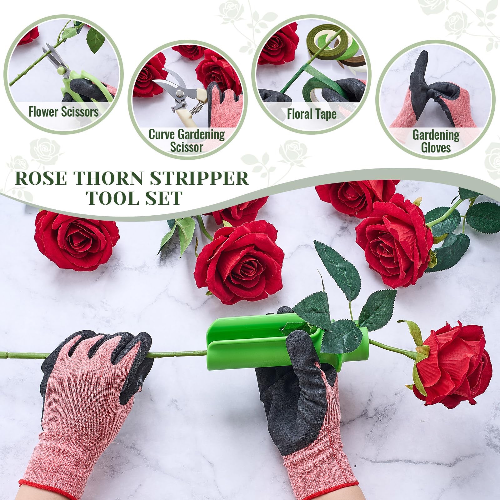 Rose Thorn Remover Set, 9 Pcs Gardening Tools with Gloves, Green