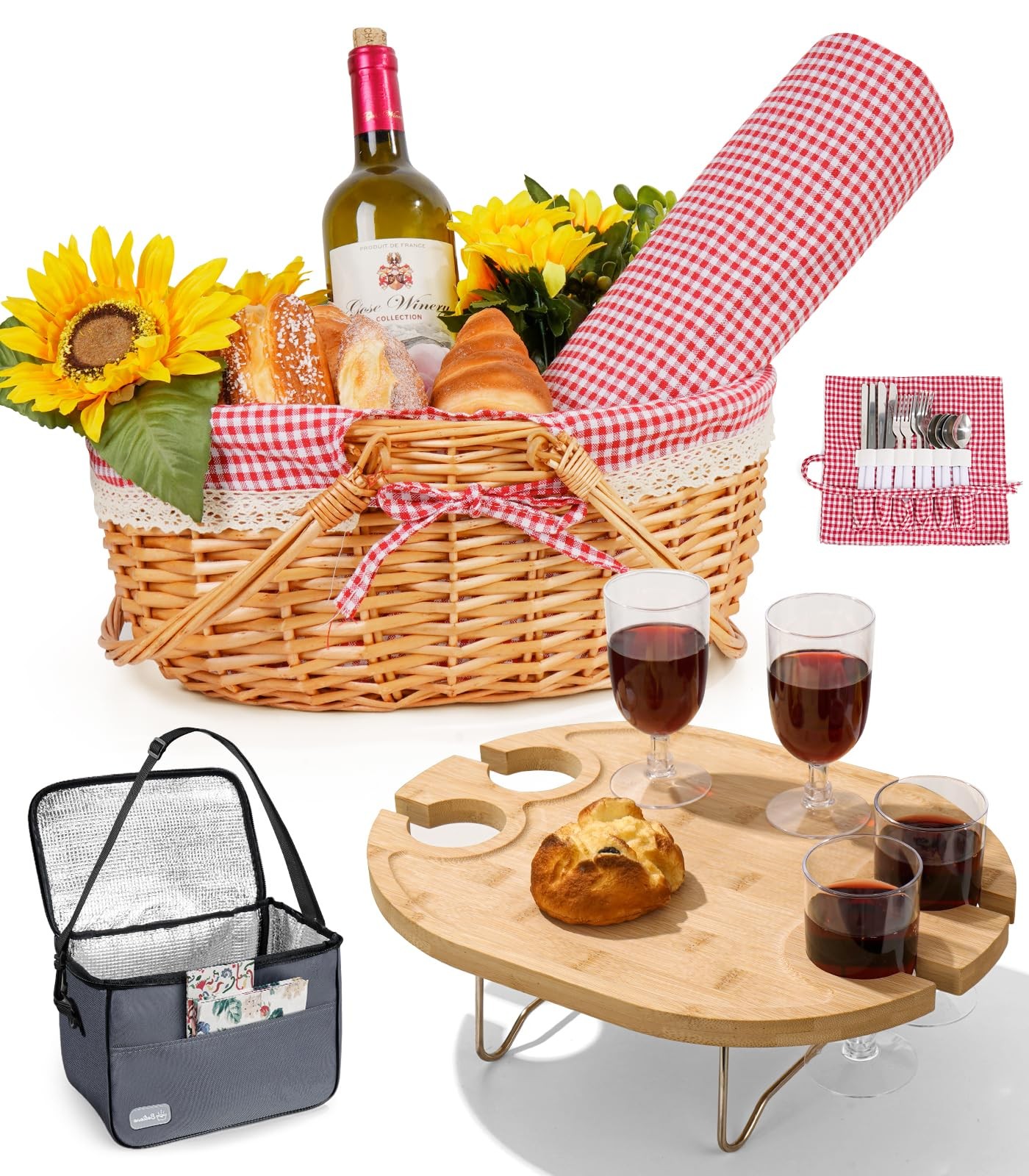 Family Picnic Basket for 4 with Table and Blanket Red White Lining