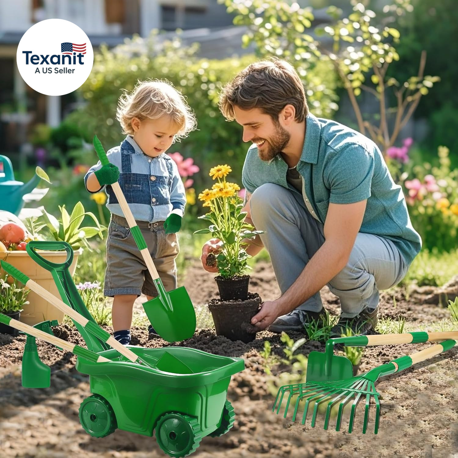 Kids Gardening Tools Set – 10Pcs Wheelbarrow Set for Kids with Shovel, Rake, Lea
