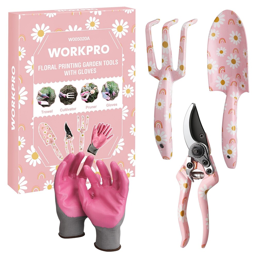 WORKPRO Hand Garden Tool Set 4PIECE Hand Rake Trowel Pruning Shear Garden Gloves
