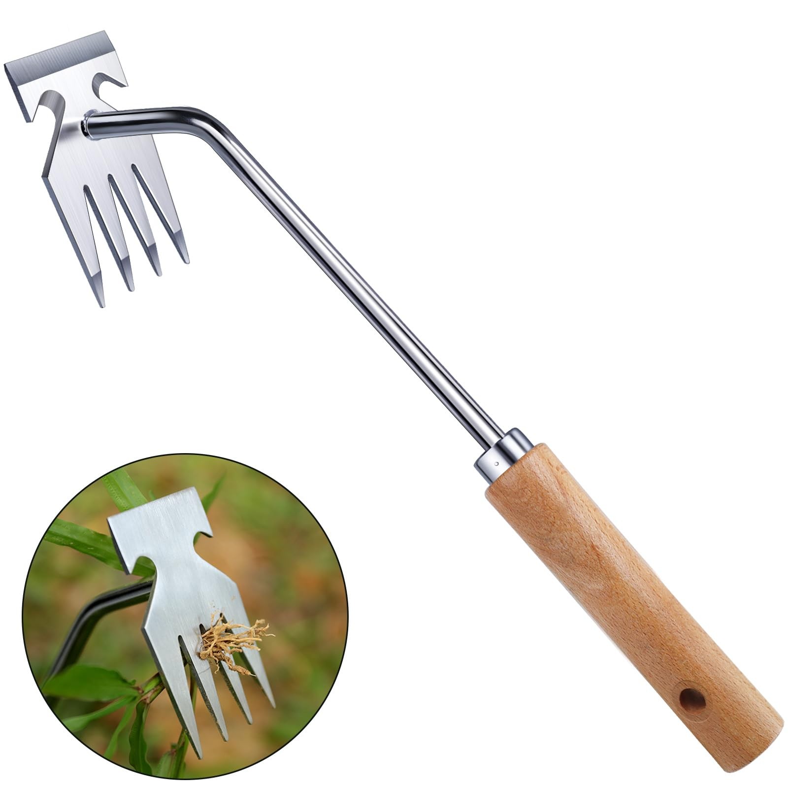 Weed Puller Tool Stainless Steel Garden Hand Weeder Ergonomic Wood Handle 13.1in