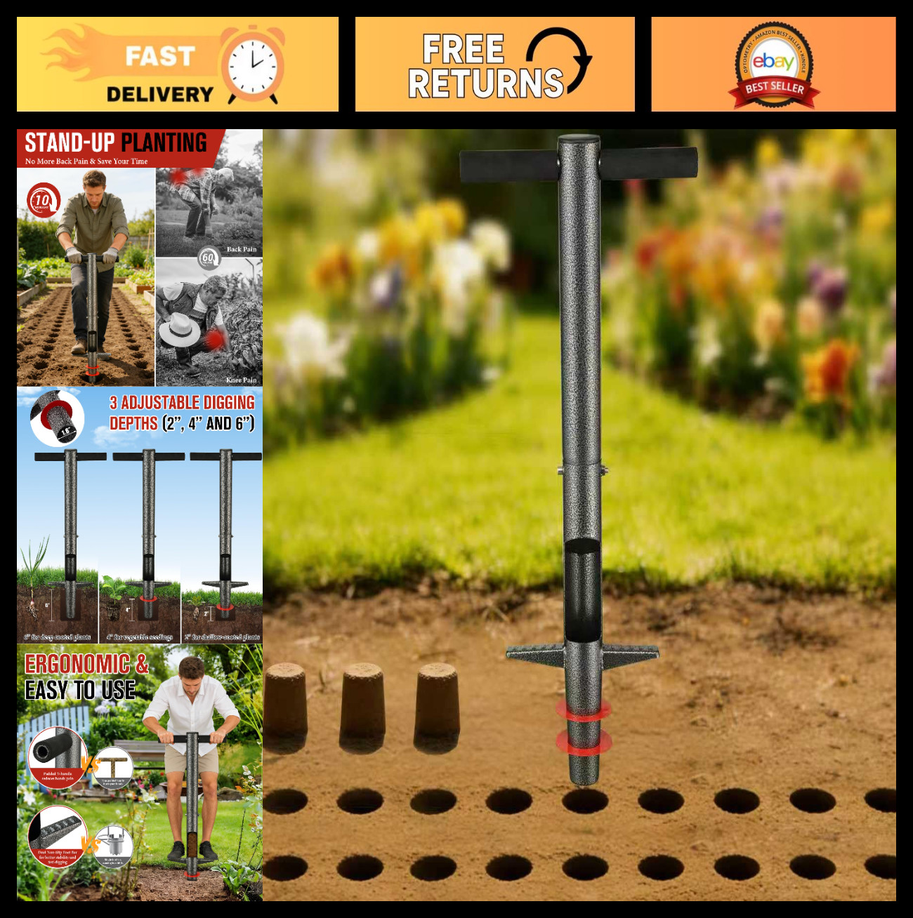 Long Handle Bulb Planter Tool – 33.5″ Adjustable Depth Garden Digger for Lawn &