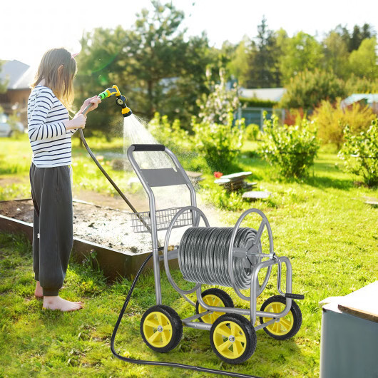 Garden Hose Reel Cart Metal Hose Cart with 4 Wheels and Storage Basket-Silver –