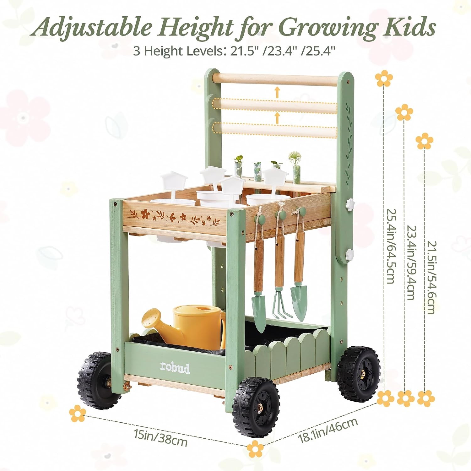 ROBUD Kids Gardening Tools Set Wooden Cart Green