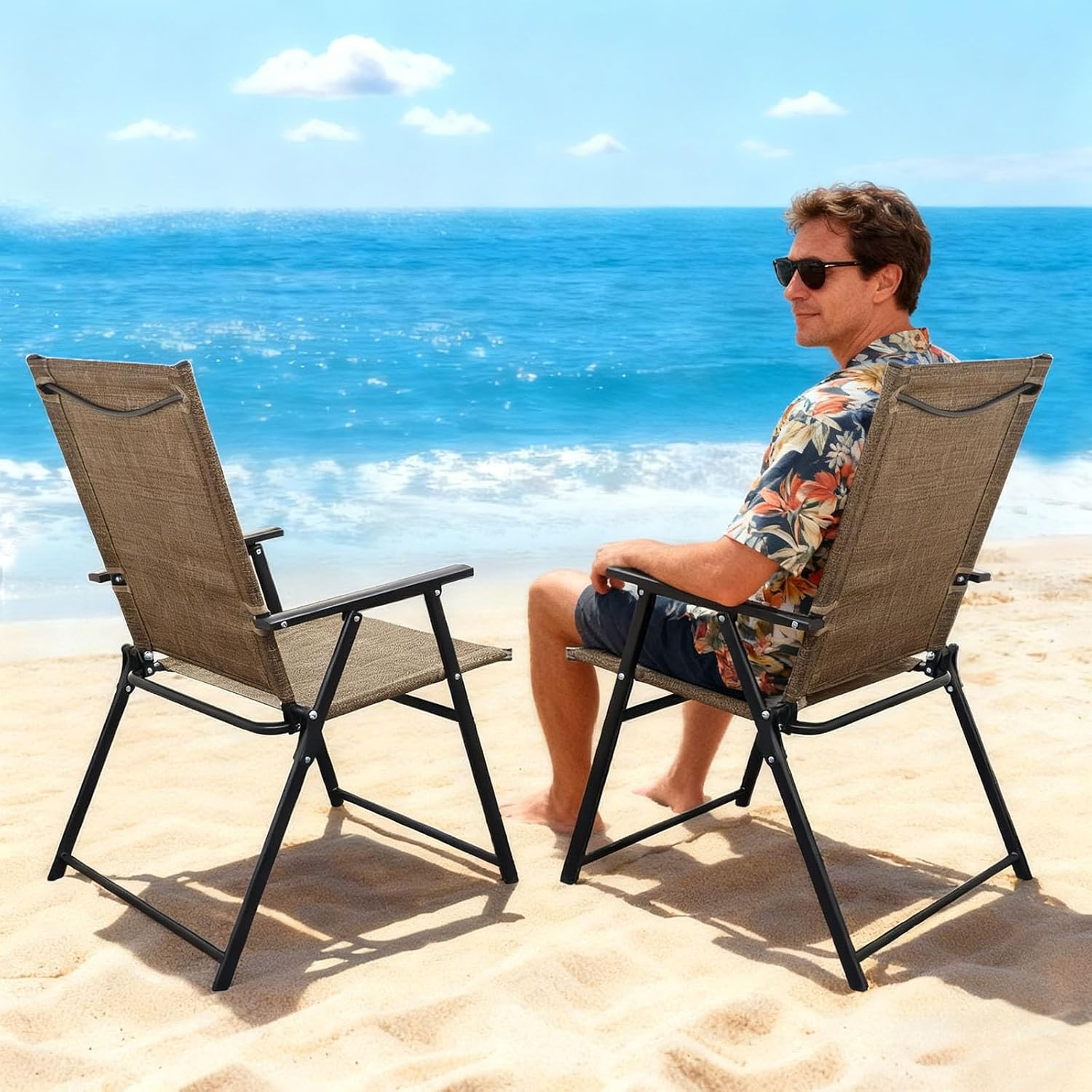 Folding Patio Chairs Set of 2 Stackable Outdoor Chairs with Armrests Backrest Po