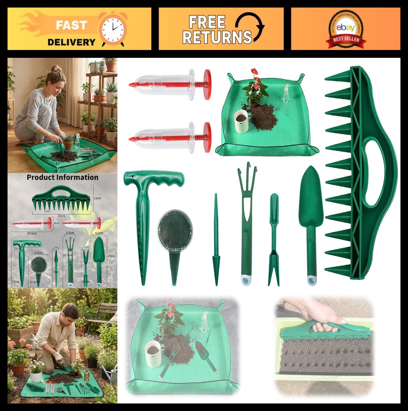 All-in-One Gardening Tool Kit – 12-Hole Punch, Seed Planter, Repotting Mat, 10 P