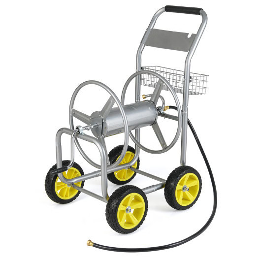 Garden Hose Reel Cart Metal Hose Cart with 4 Wheels and Storage Basket-Silver –