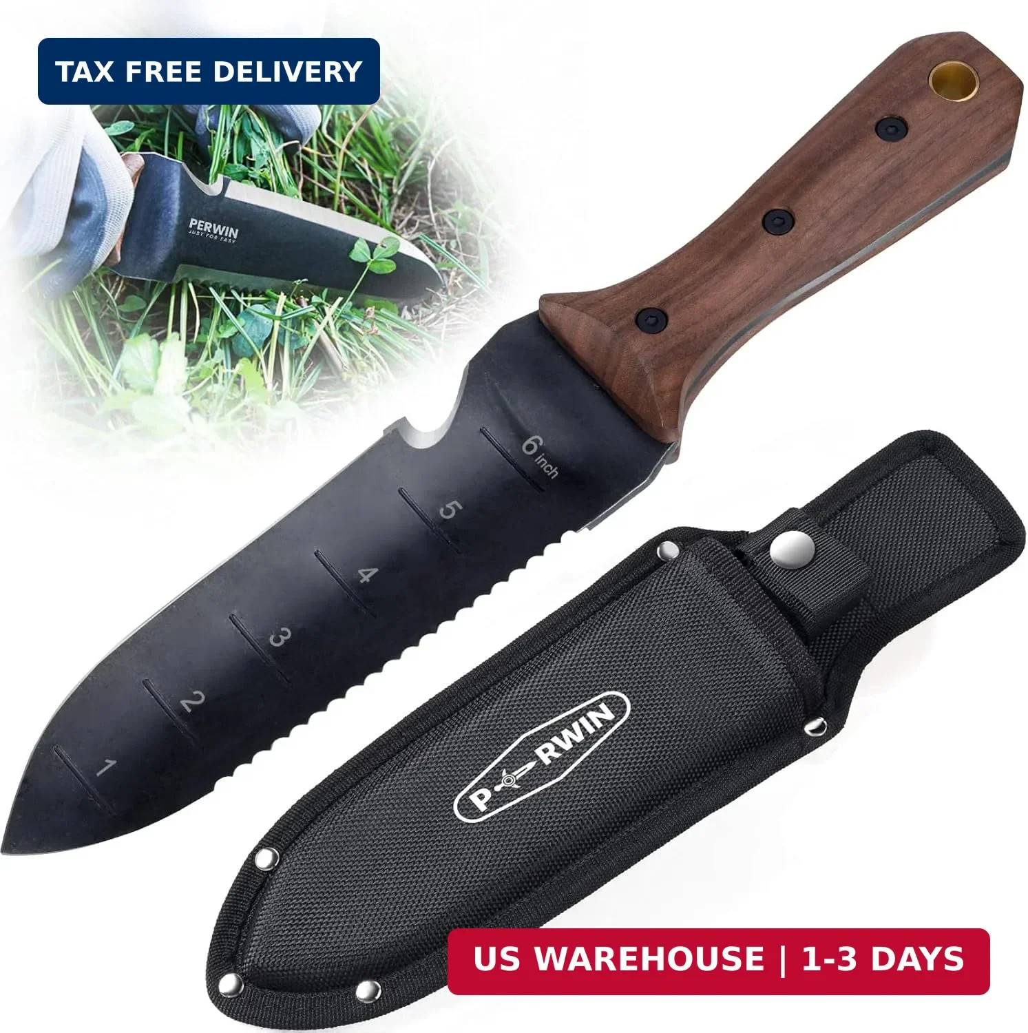 PERWIN Hori Hori Garden Knife, Garden Tools with Sheath for Weeding, Planting, D