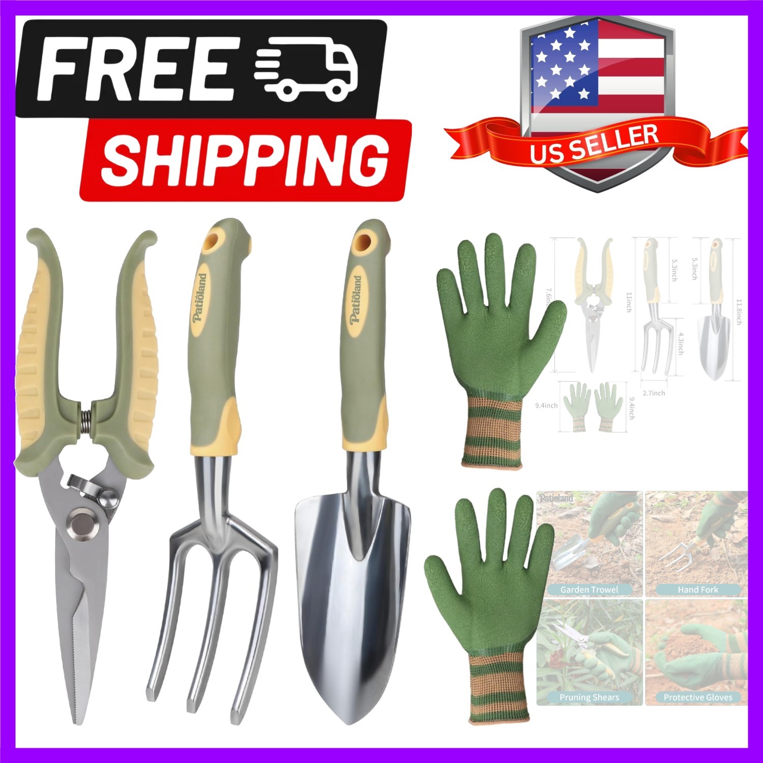 4 Piece Garden Tools Set, Gardening Tools Set with Hand Trowel, Cultivator Ra…