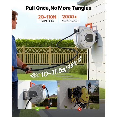 Retractable Garden Hose Reel, 1/2 in x 50 ft, Wall Mounted Hose Reel with 9-Func