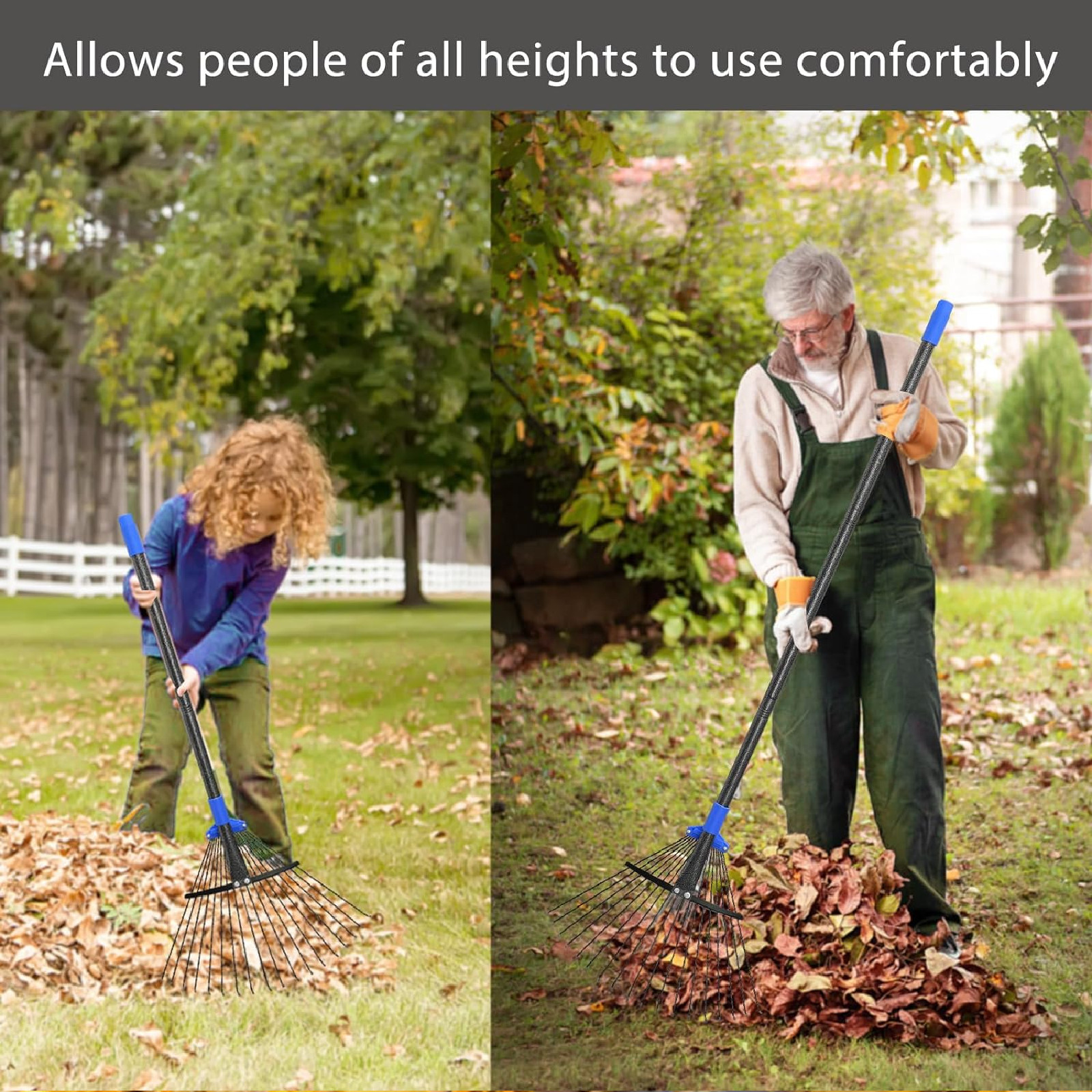 Rake for Yard Lawn Shrub tree Leaves 18 Metal Tine 9″~17″ W x 60~82″ Long handle